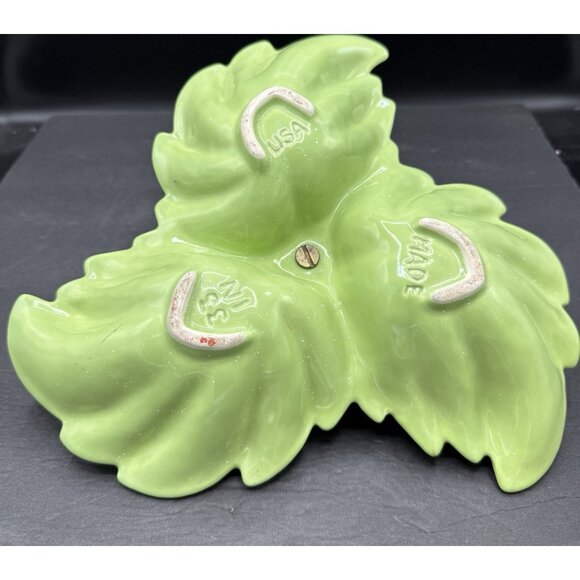 Vintage California USA Pottery Green Triple Leaf Divided Platter Ring Handle MCM - Picture 3 of 10